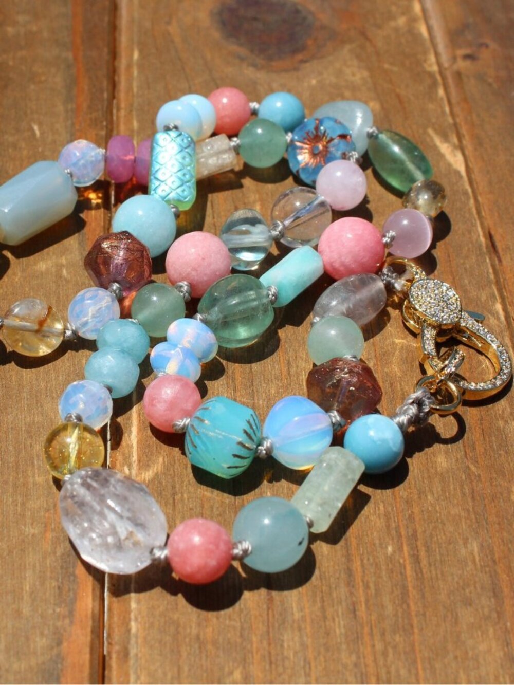 21-Inch Knotted Gemstone Necklace with Quartz, Citrine, Fluorite, Pave Clasp